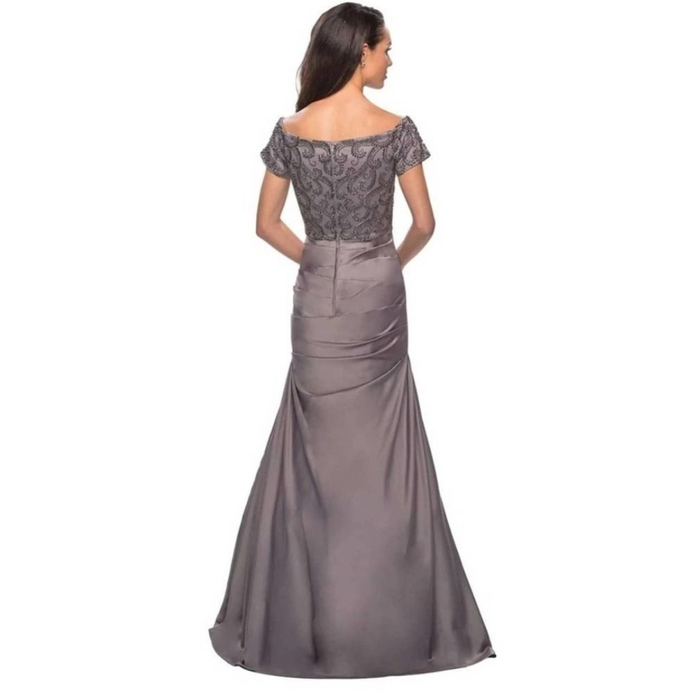 NWT La Femme 25996 Off the Shoulder Beaded Satin Trumpet Silver Gown Size 8 - Picture 9 of 16